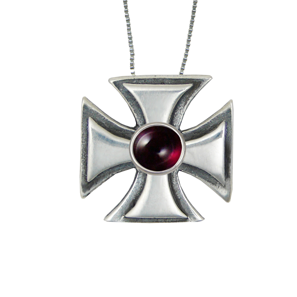 Sterling Silver Iron Cross Pendant With Garnet